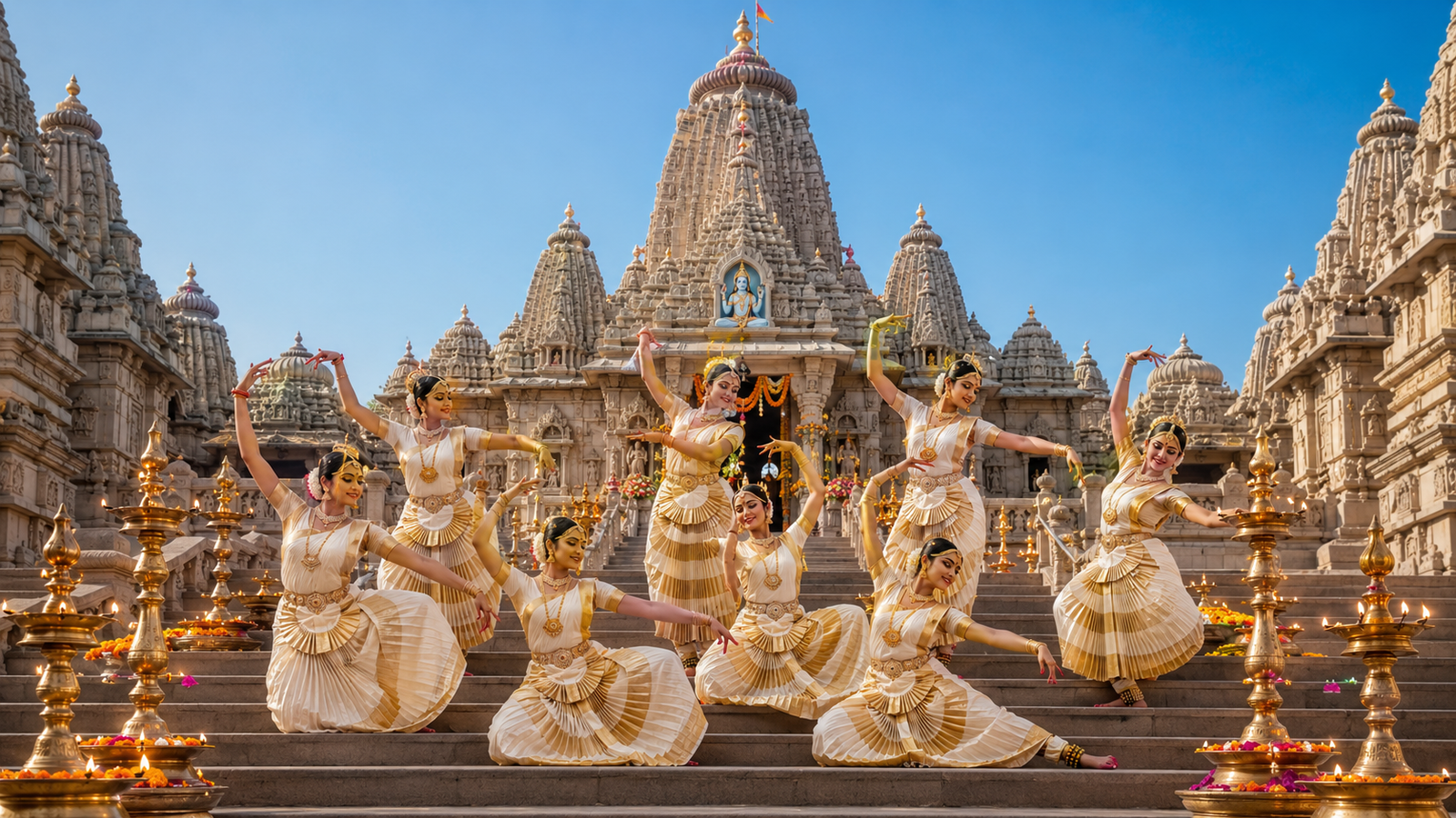 A group of traditional dancers performing a synchronized devotional dance on the steps of a grand Shiva temple