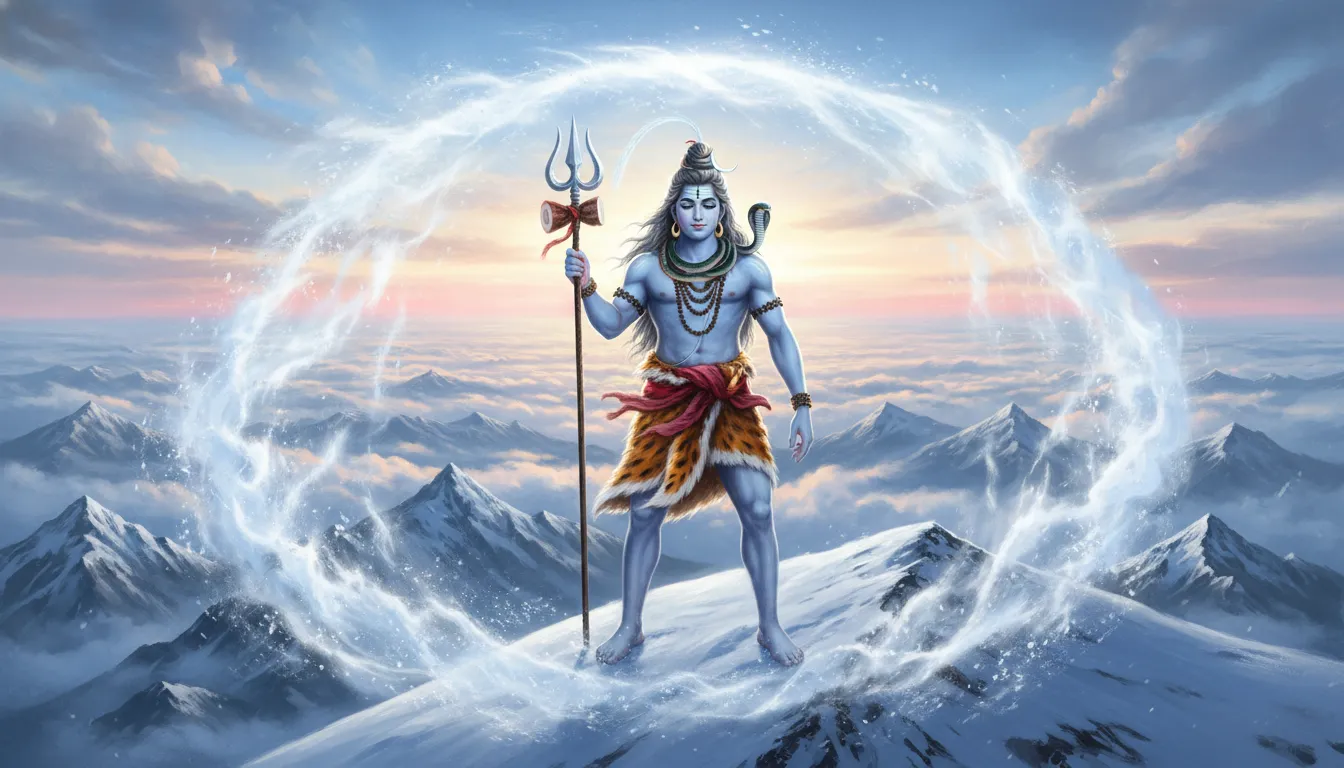Lord Shiva standing in a powerful warrior stance on top of snowy Mount Kailash.
