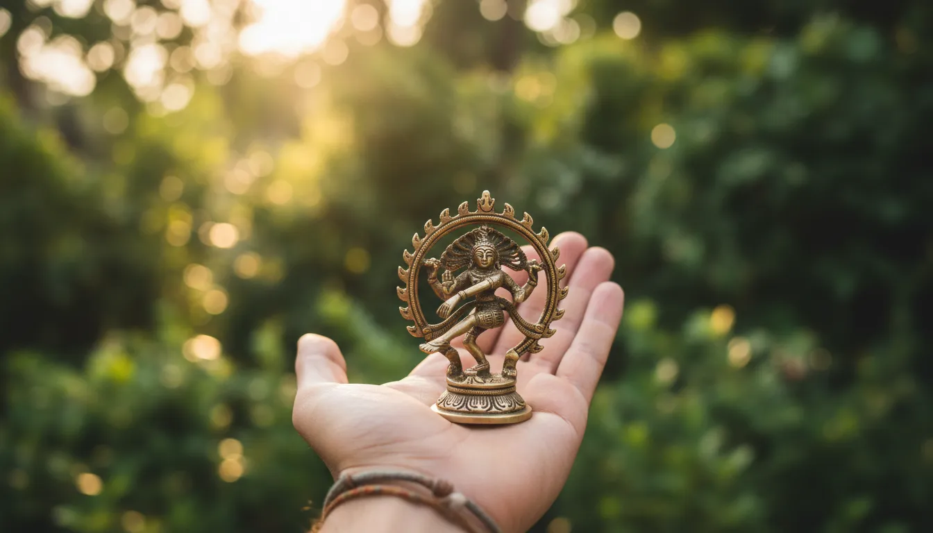 A person holding a small brass dancing Shiva statue in their palm against a blurred green garden
