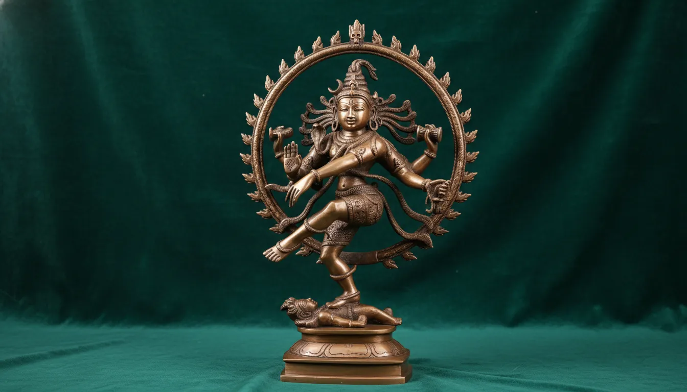Handcrafted bronze dancing Shiva statue showcased against a rich emerald green backdrop