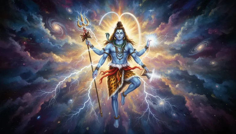 Energetic Lord Shiva art with lightning and trident effects.
