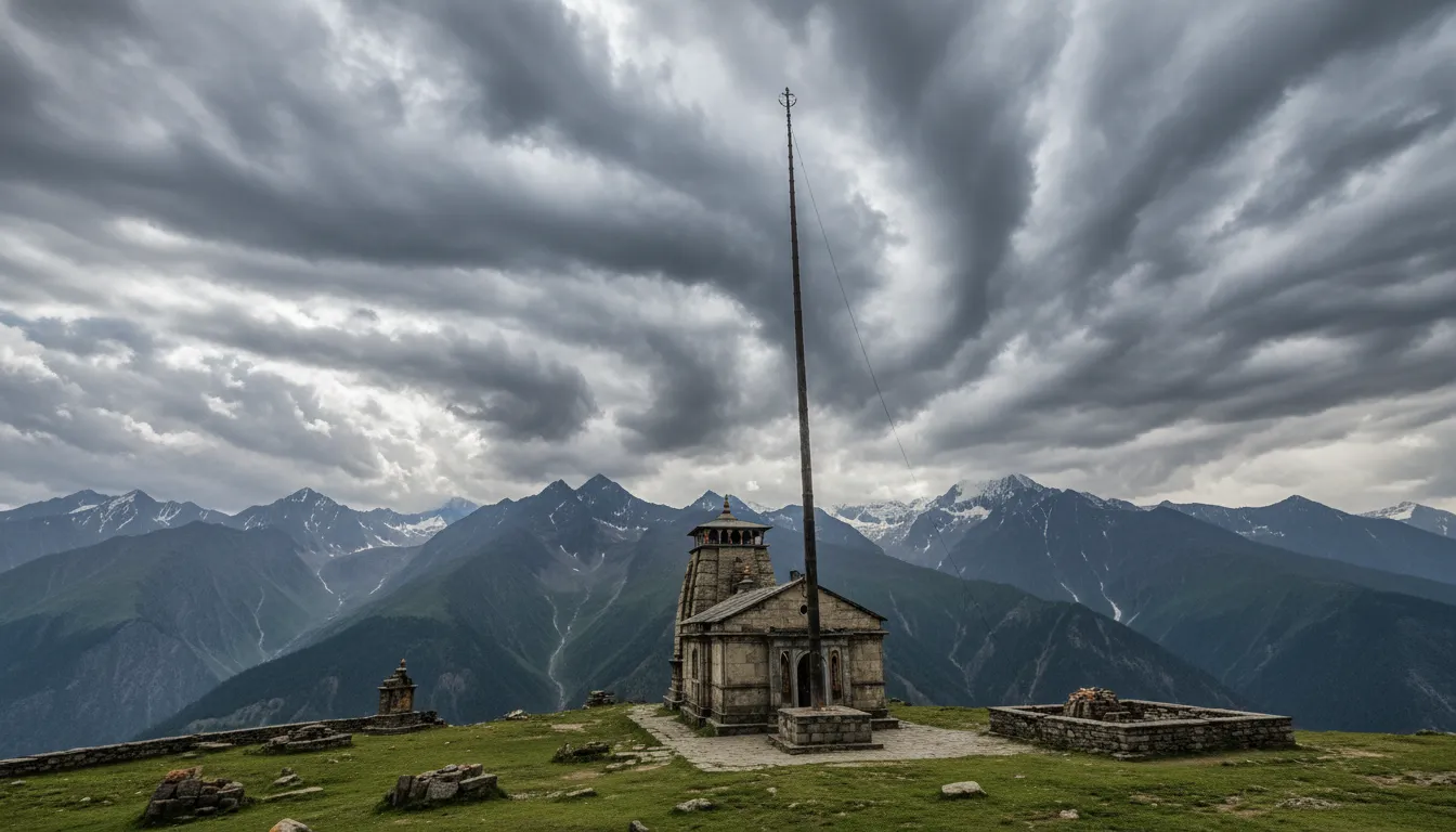The iconic 60 foot tall wooden pole at Bijli Mahadev Temple under a cloudy sky.