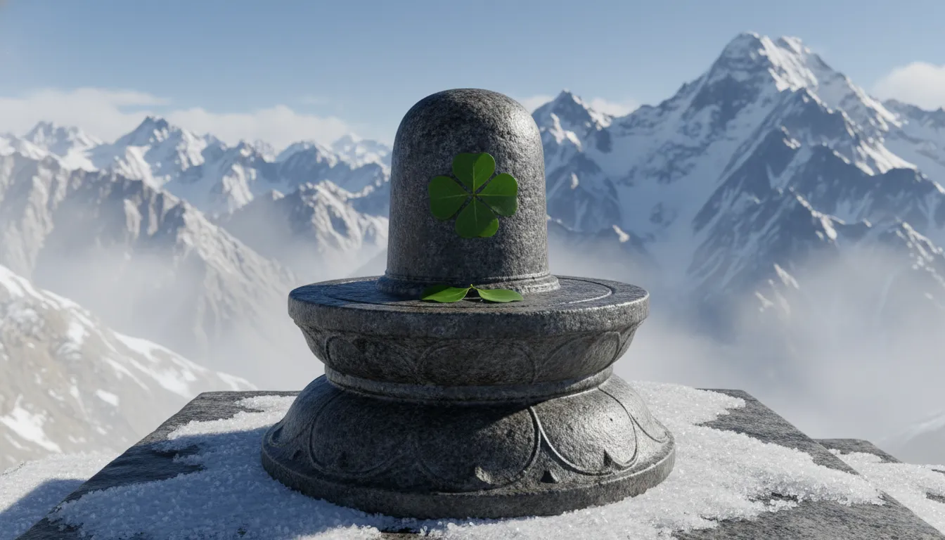 A sacred stone Mahadev Pind placed on a snow-covered Himalayan mountain peak under a clear sky.