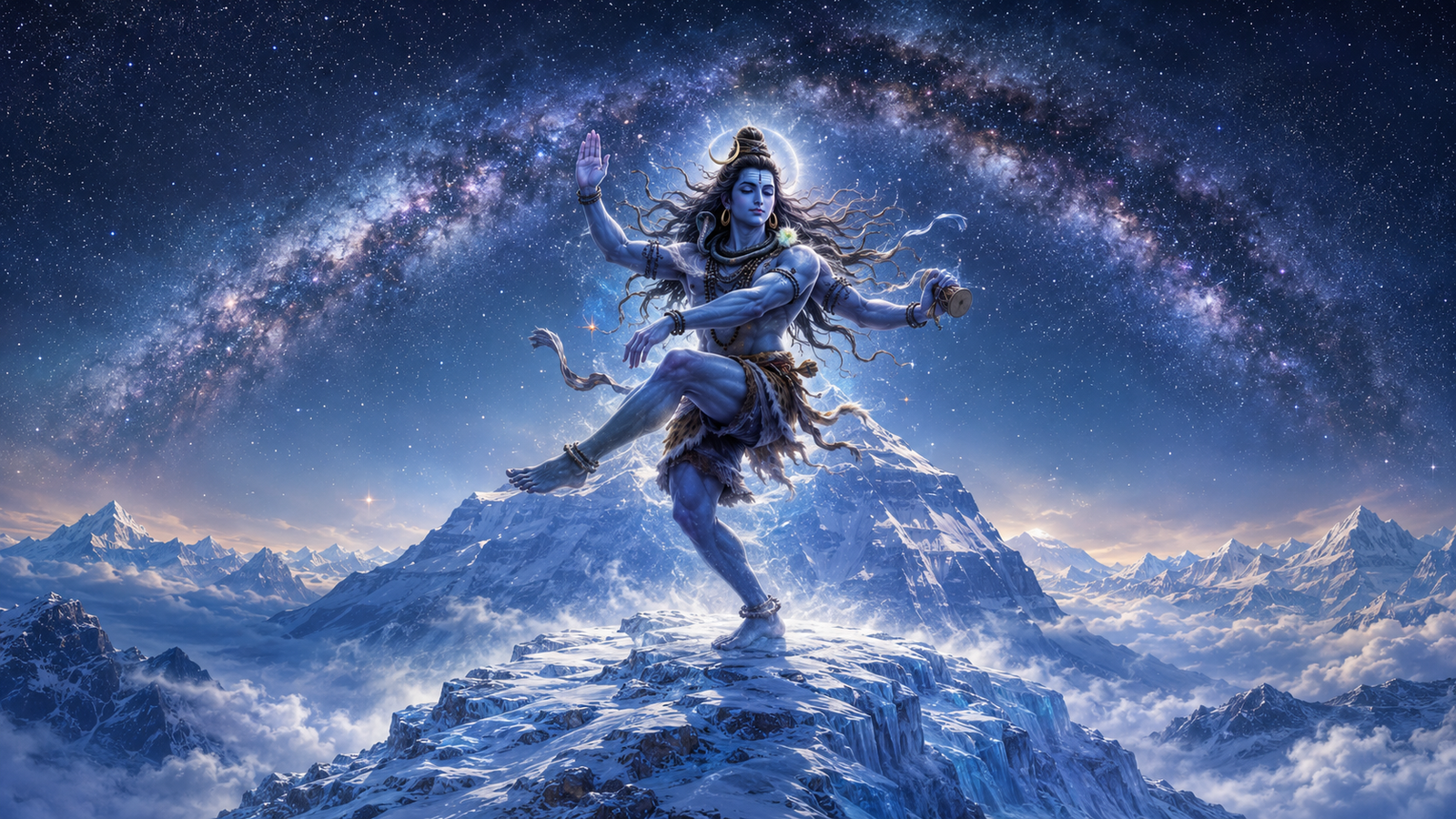 Lord Shiva performing Tandava on top of snow-covered Mount Kailash under a starry night sky