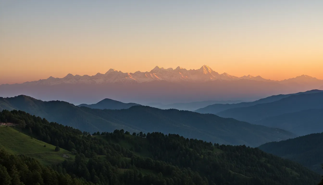 Spectacular sunset view of snow-covered Himalayan mountain peaks seen from the hills of Binsar Mahadev Almora.