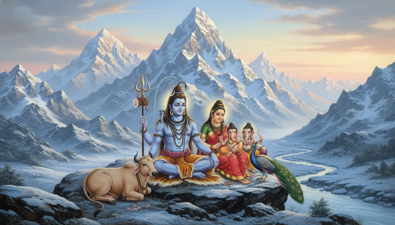 Lord Shiva family with snowy mountains in background