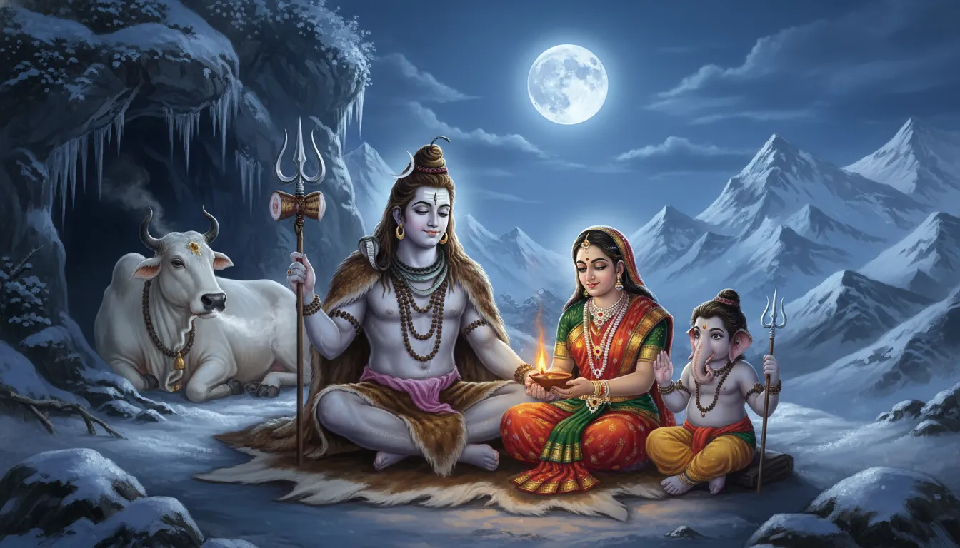 Shiva Parvati with young Ganesha and Kartikeya sitting together on a moonlit Himalayan mountain