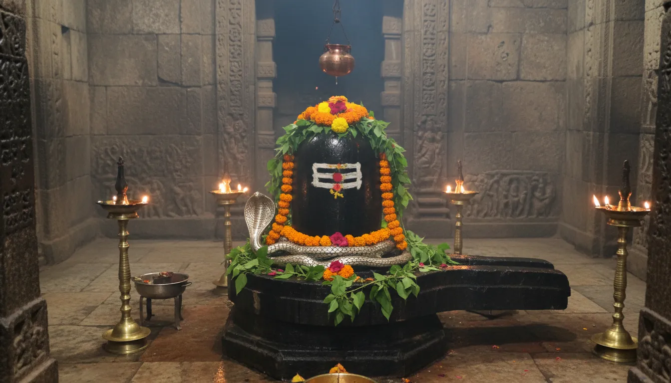 Sacred Mahadev Shiva Lingam decorated with flowers inside an ancient stone temple.