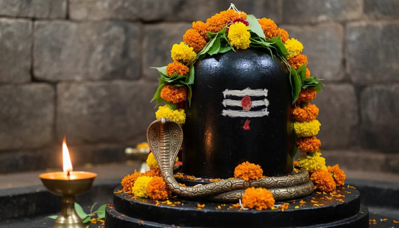 Sacred Shiva Lingam beautifully decorated with marigold flowers and bael leaves inside Binsar Mahadev Temple.