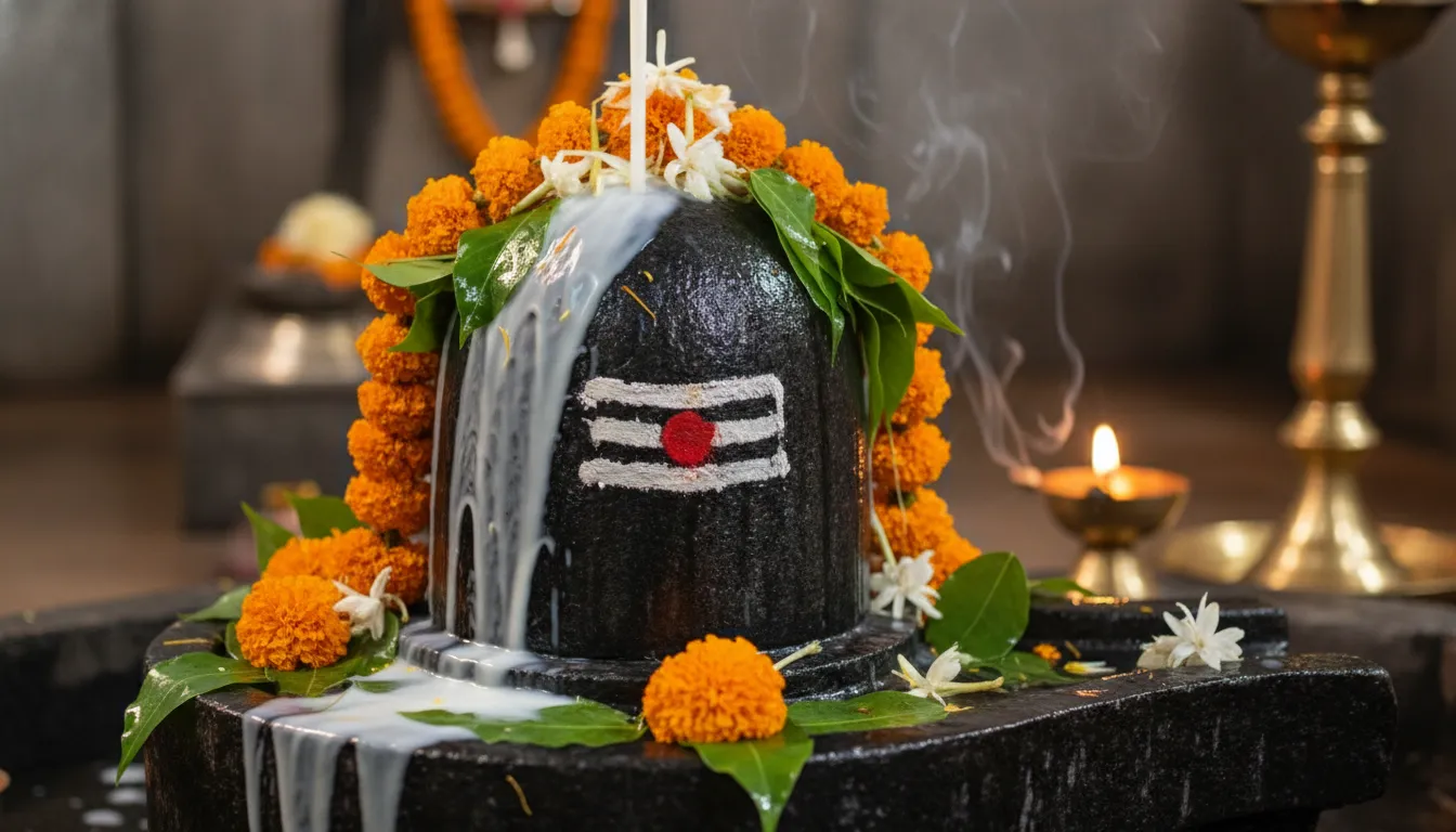 Devotional scene of Shiva Lingam being worshipped with milk and Bel Patra.
