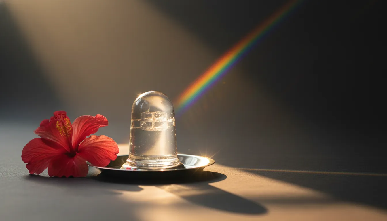 Transparent crystal spatika Shiva Lingam illuminated by a soft morning sun beam.