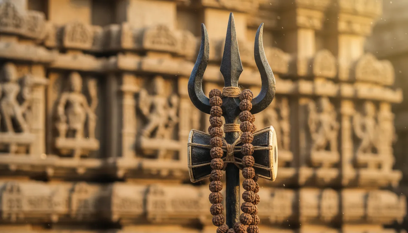 Close-up artistic view of Mahadev trishul, damru, and sacred rudraksha beads banner.