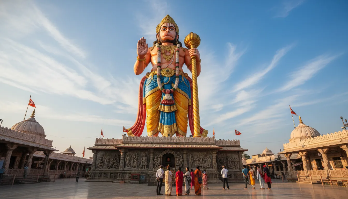 A towering and majestic statue of Lord Hanuman located within the Tapkeshwar Mahadev Mandir complex.