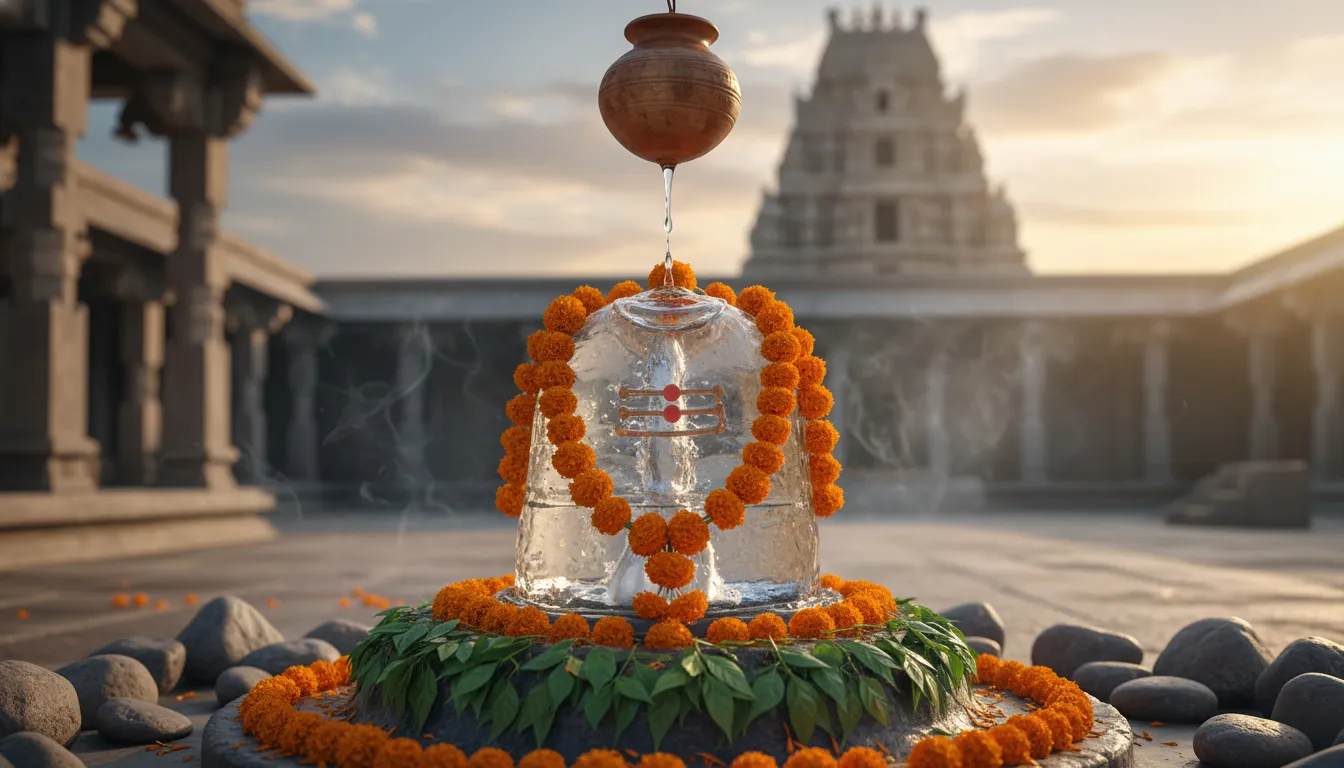 Ice Shiva lingam decorated with orange marigold flowers and green leaves outdoors