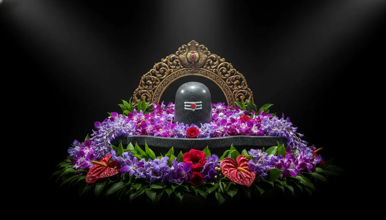 Shiva lingam decorated with bright purple flowers, green leaves, and a golden decorative frame.