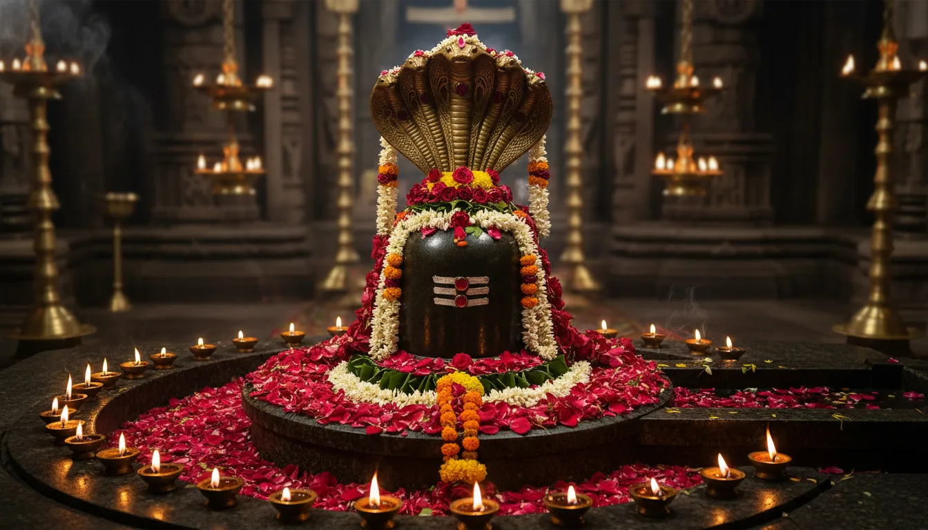 Shiva Lingam decorated with rose petals and illuminated by oil lamps in a dark setting.