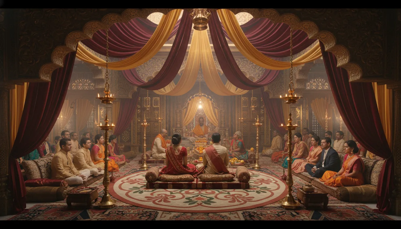 An indoor sacred ceremony gathering scene inside a hall decorated with silk drapes and golden lamps.