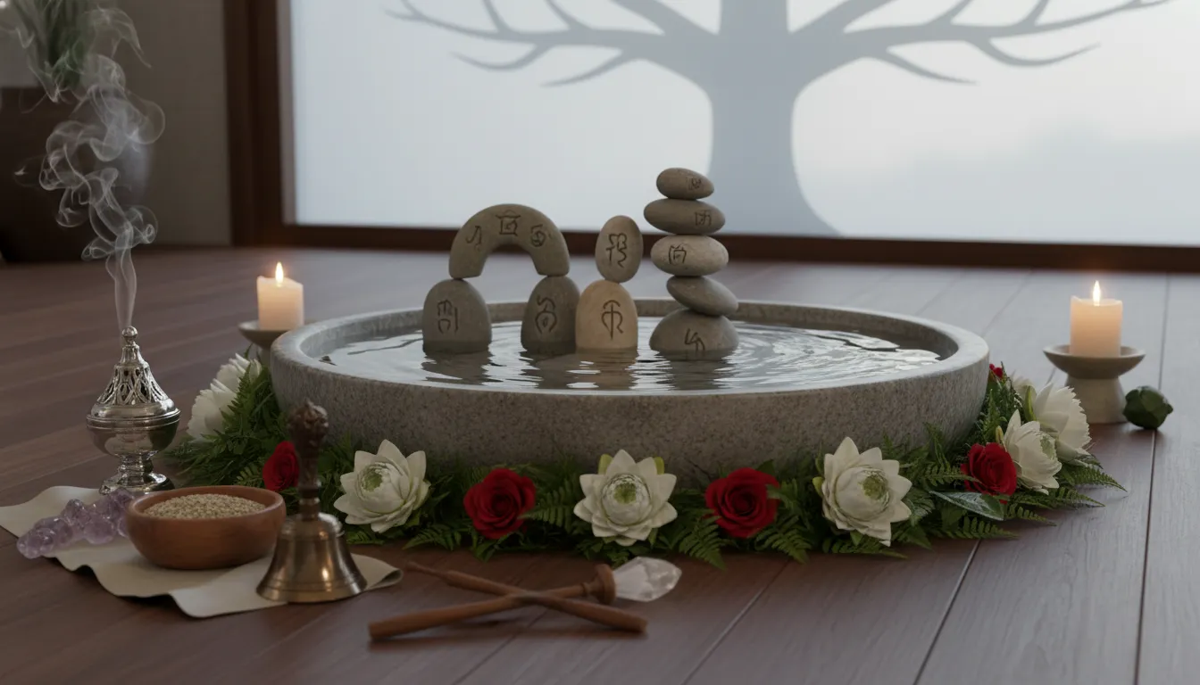 Indoor shrine with multiple sacred stones and ritual items
