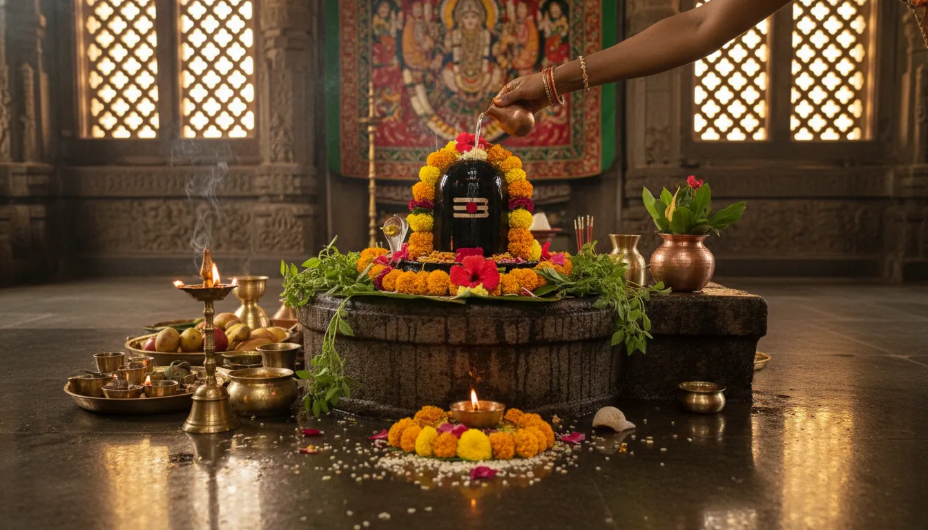 indoor shiva lingam with ritual offerings flowers and water pouring ceremony