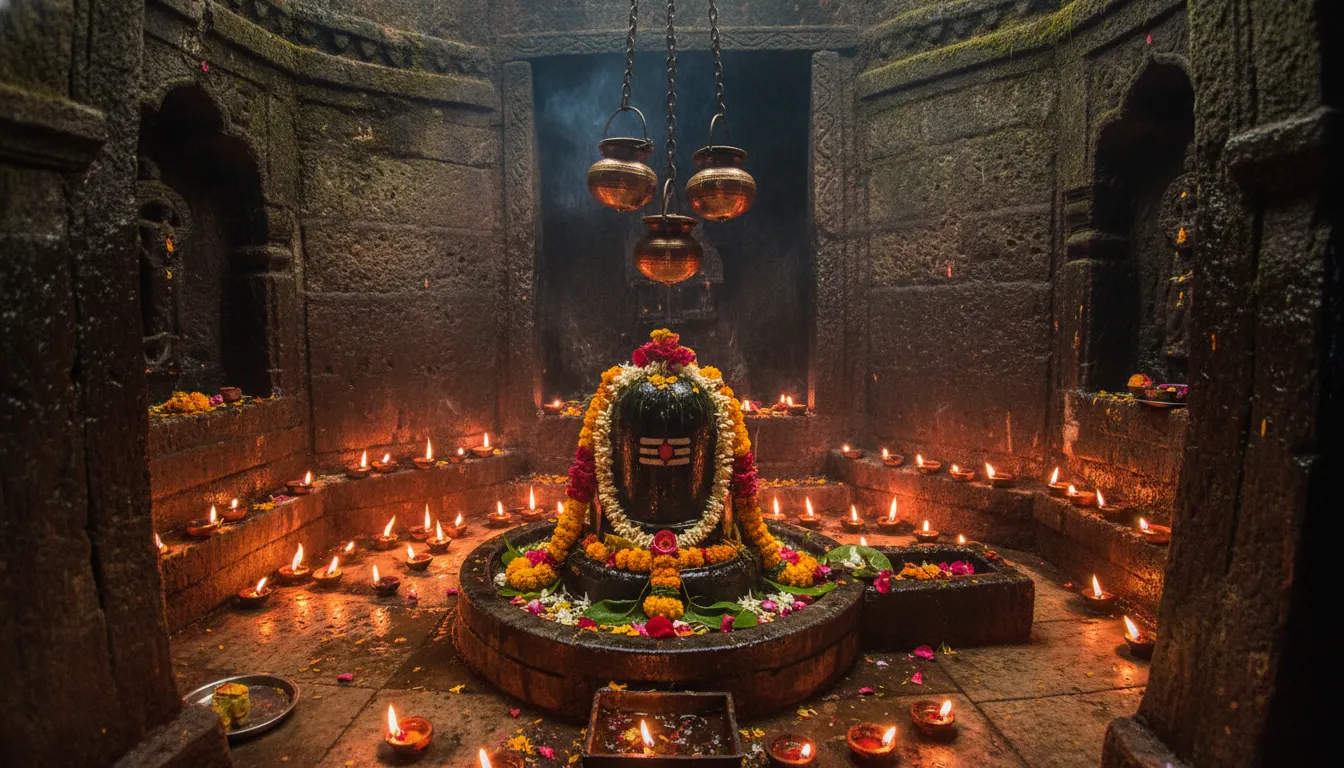 Sacred Shiva Lingam joined with butter inside the sanctum of Bijli Mahadev Temple Kullu.
