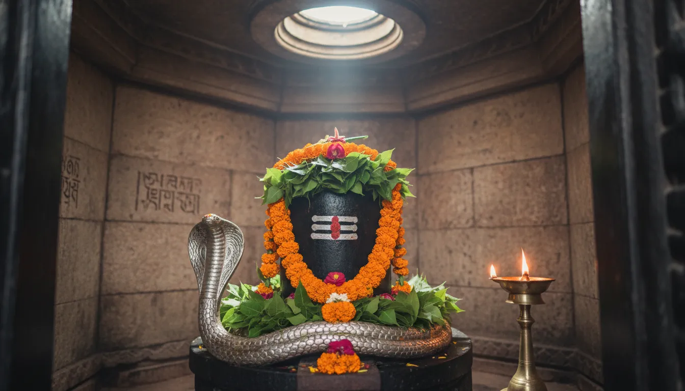The holy Shiva Lingam inside the sanctum sanctorum of Neelkanth Mahadev Temple decorated with flowers.