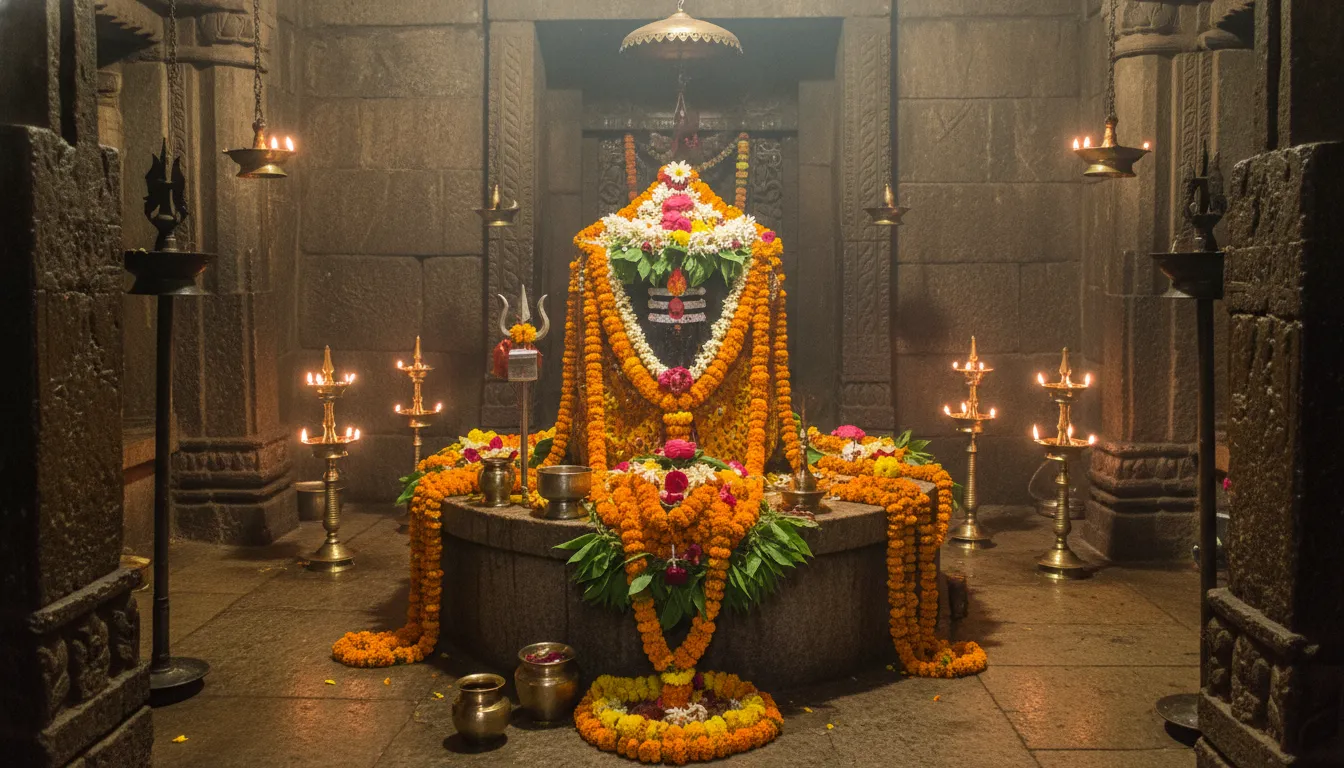 Inside view of Shikhar Shingnapur Mahadev Temple sanctum with decorated Shiva Lingam