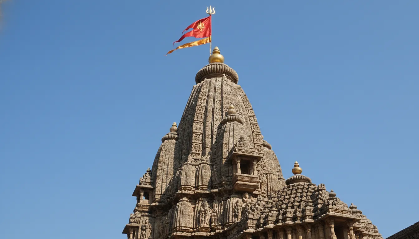 Close-up photo of the detailed Shikhara spire of Shikhar Shingnapur Mahadev Temple