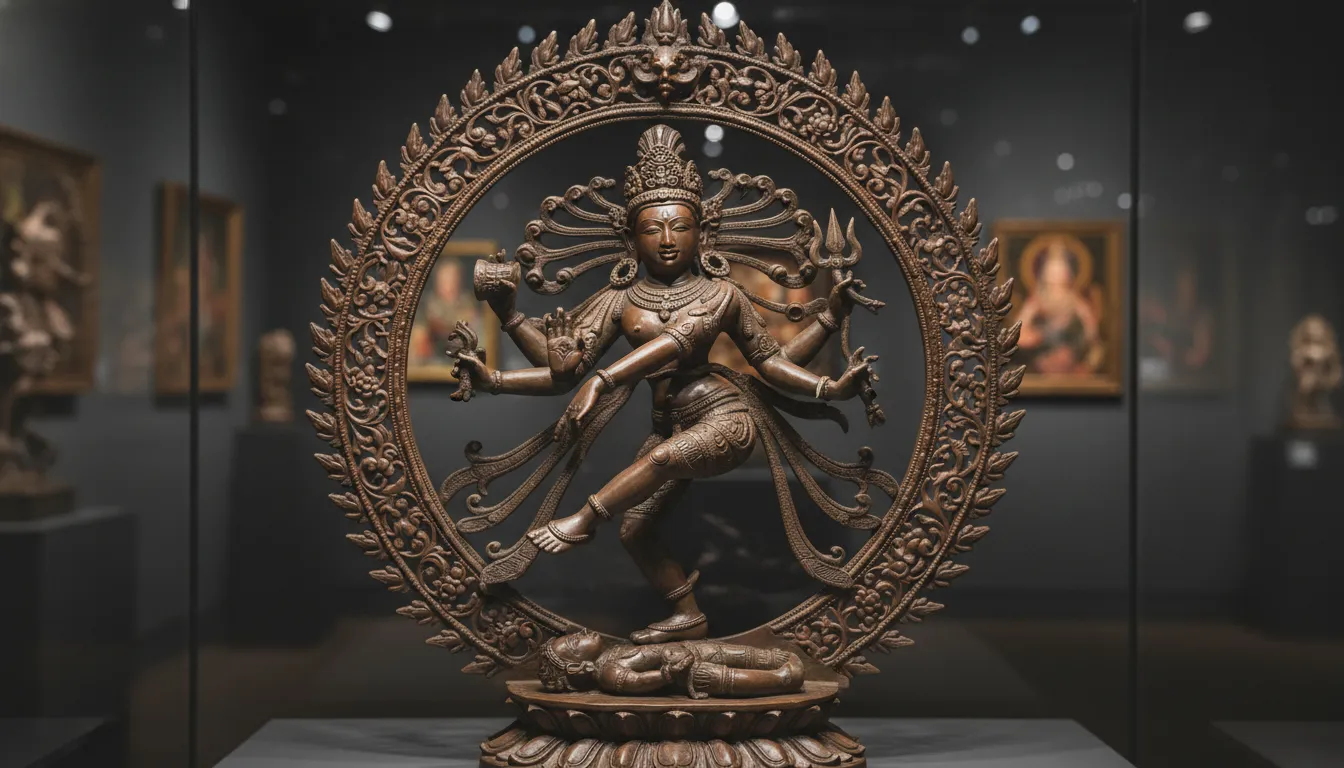 Bronze finish dancing deity statue inside a highly detailed floral circular frame