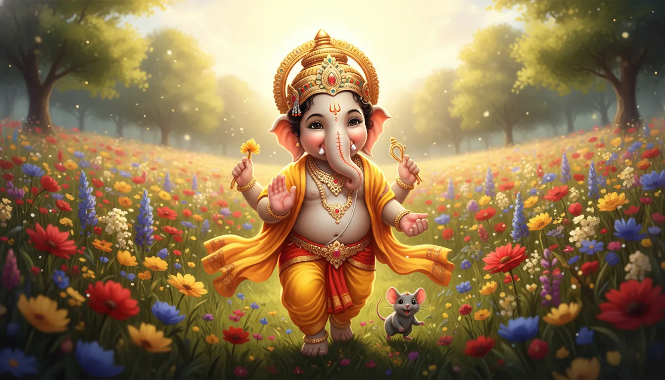 Smiling child Ganesha walking through a bright green meadow with a tiny mouse companion.