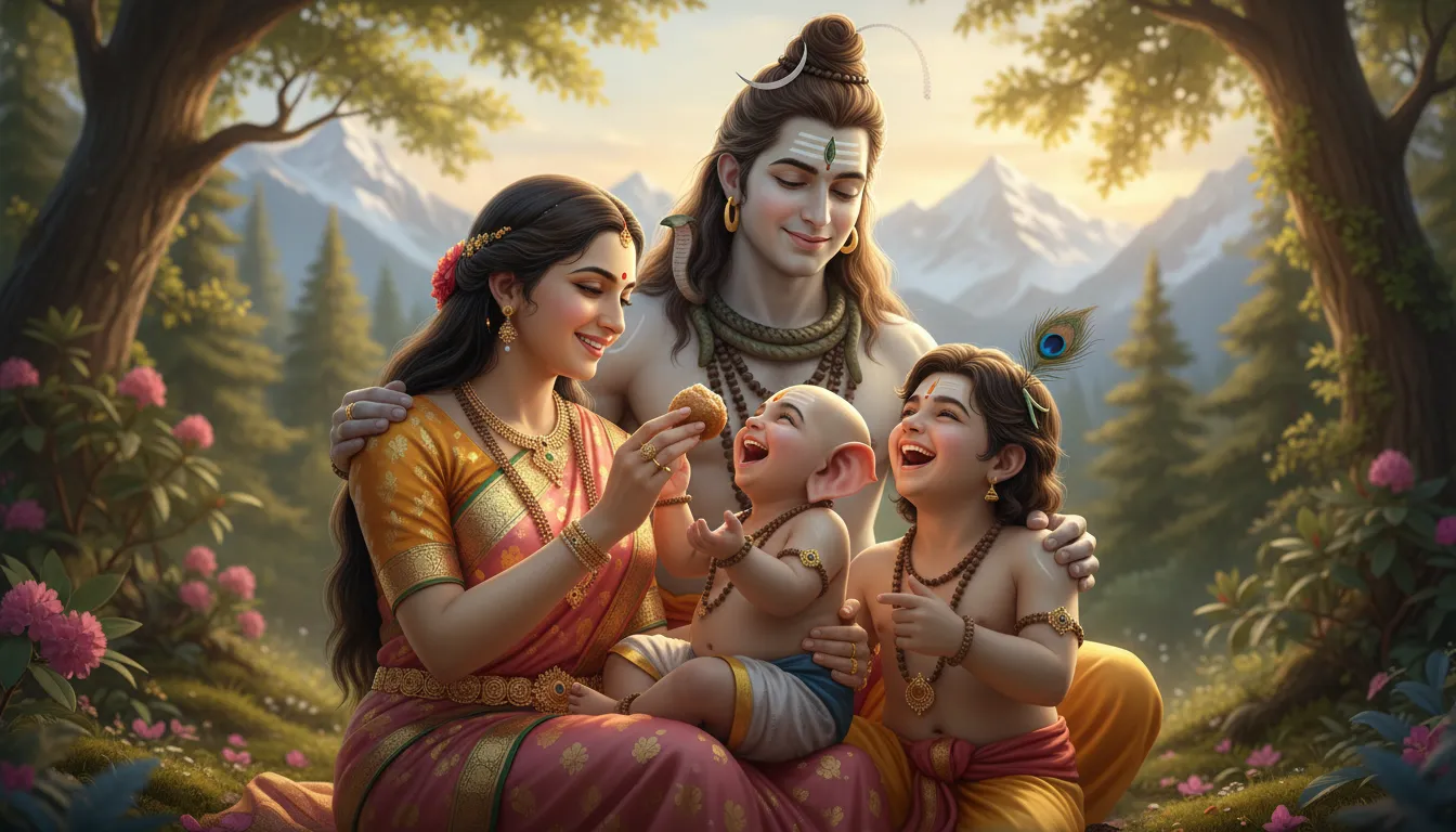 A joyful and warm family moment featuring Lord Shiva, Parvati, Ganesha, and Kartikeya.