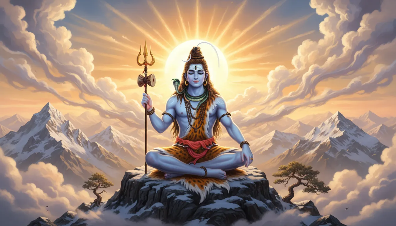 Divine Lord Shiva sitting on Mount Kailash during golden sunrise.
