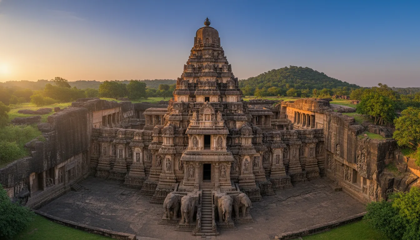 Ancient rock cut Kailash Mahadev mandir architecture at Ellora caves