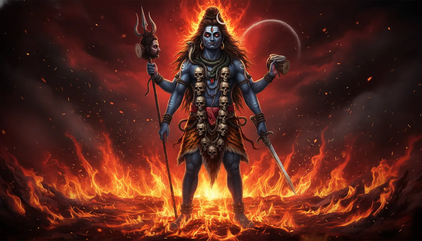 Kala Bhairava depicted with a skull garland, fierce divine expression, traditional ornaments, and powerful spiritual symbolism.