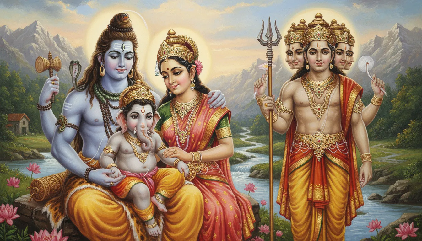 Lord Kartikeya stands with his spear beside Shiva and Parvati, symbolizing protection and strength.