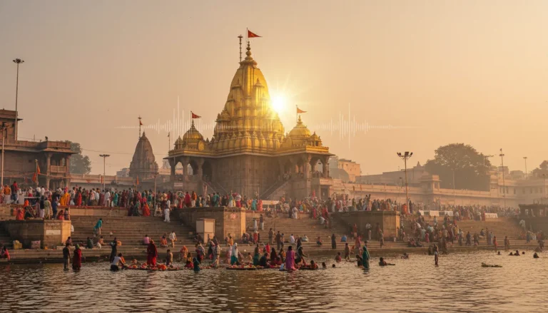 Kashi Vishwanath temple Varanasi golden dome and Ganga river ghats view