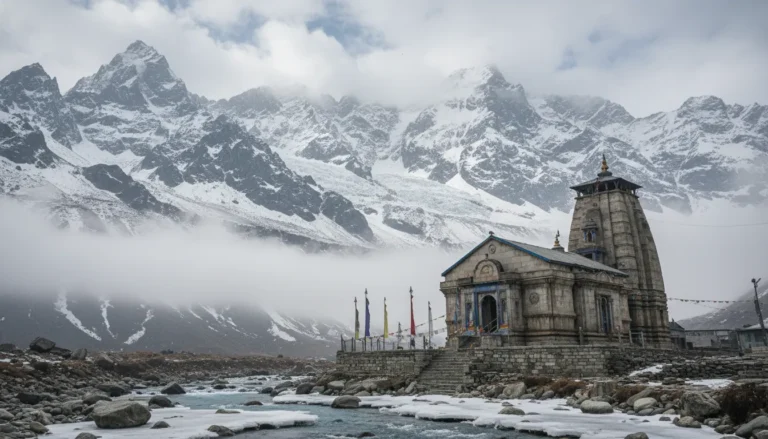 Kedarnath Mahadev mandir surrounded by snow covered Himalayan peaks