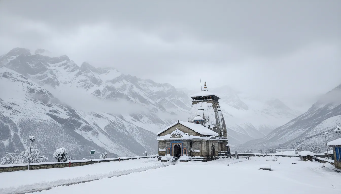 Kedarnath Mahadev temple completely covered in heavy white snow during peak winter season.