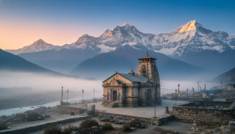 Kedarnath Mahadev temple glowing in the golden morning sunlight with snow-covered Himalayan peaks in the background.