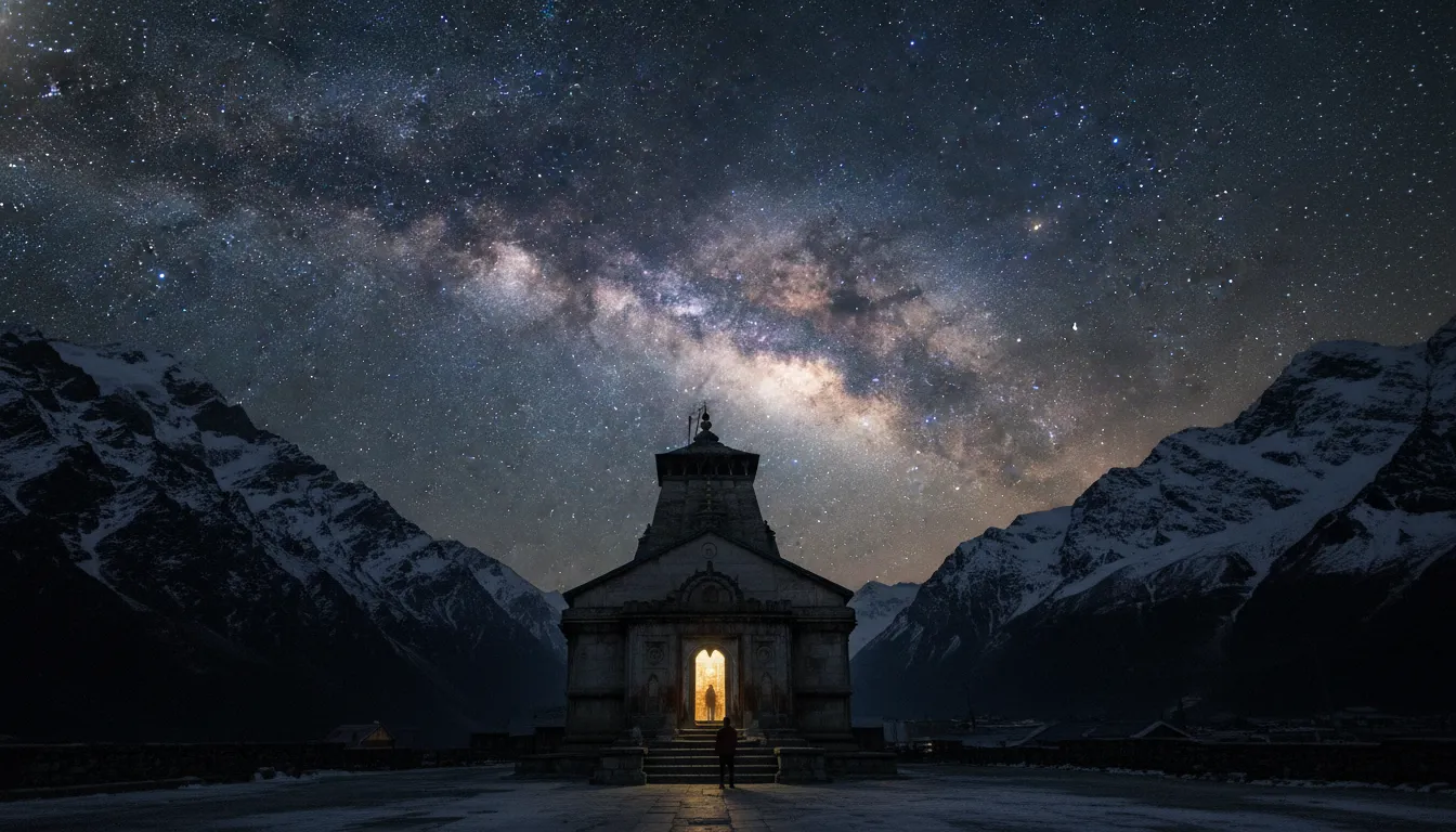 Astrophotography of Kedarnath temple under a clear night sky filled with the Milky Way galaxy stars.