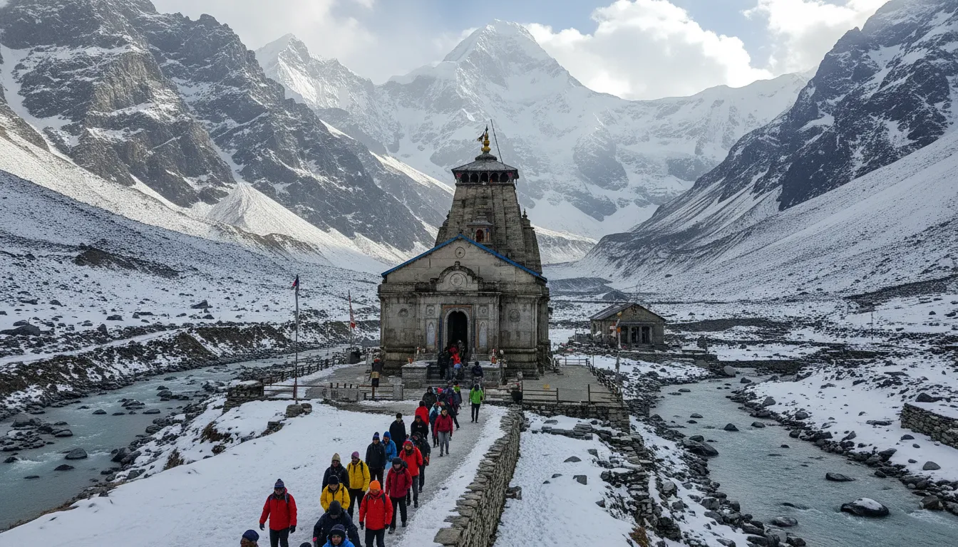 Kedarnath temple in Himalayas ancient Shiva temple surrounded by snow mountains