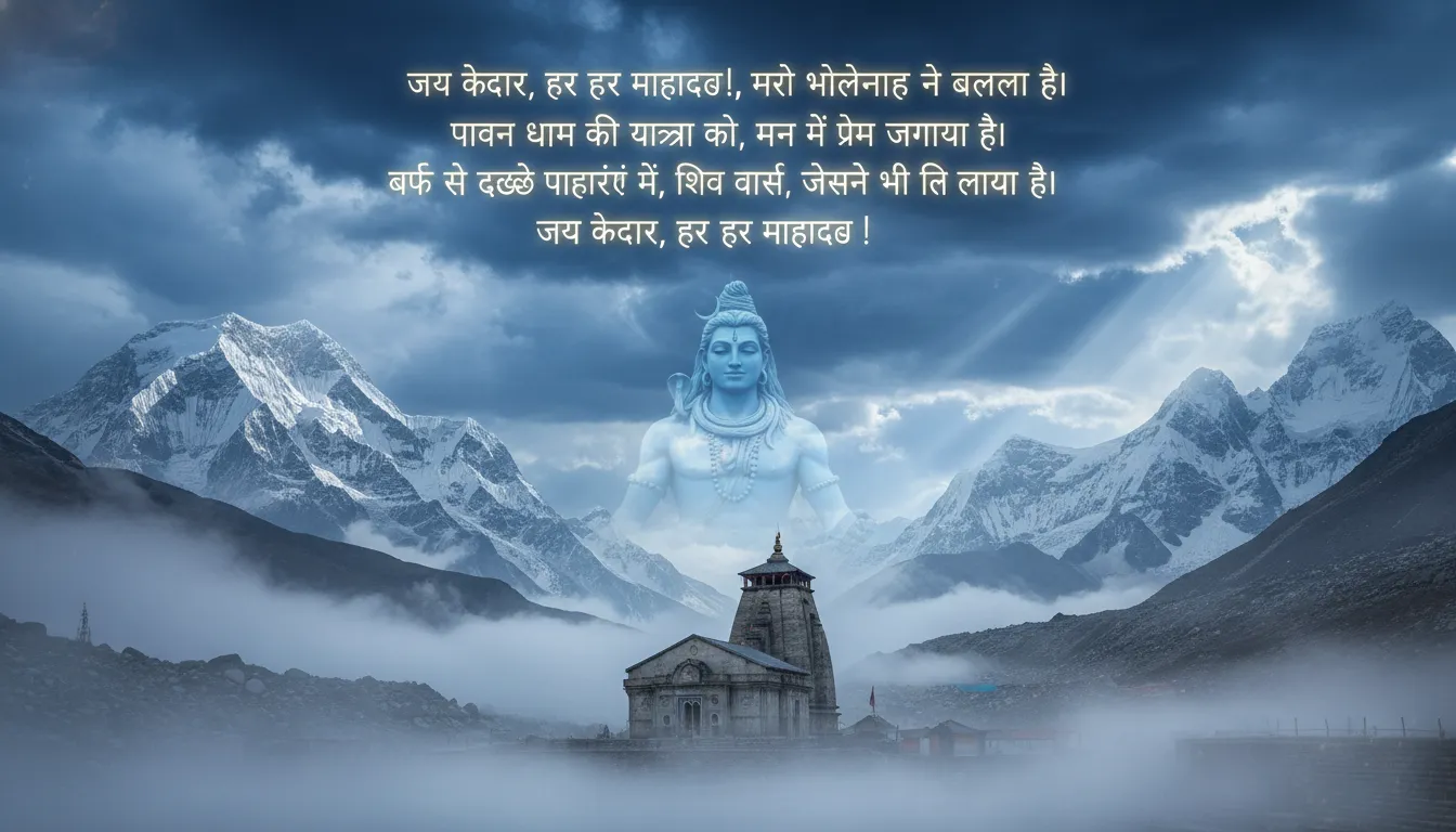 Kedarnath temple with a giant shadow of Mahadev and shayari