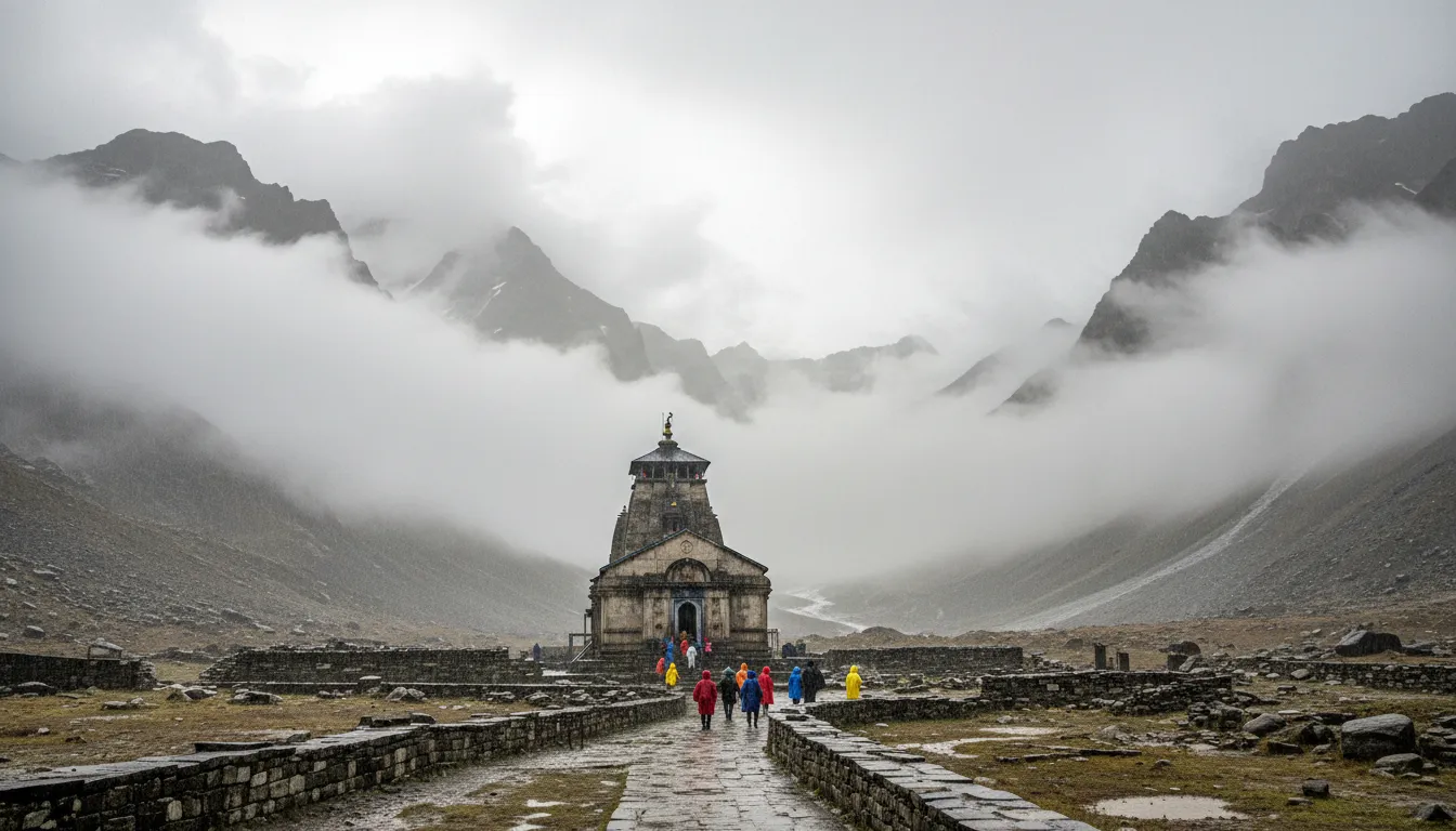 Kedarnath Mahadev photo showing the temple partially hidden in dramatic monsoon clouds and thick white fog.