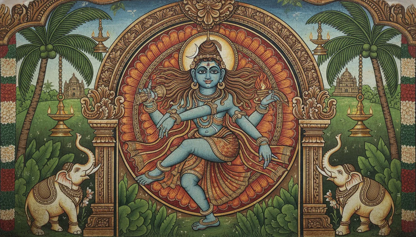 Kerala mural style Nataraja painting with traditional temple arch and earthy colors
