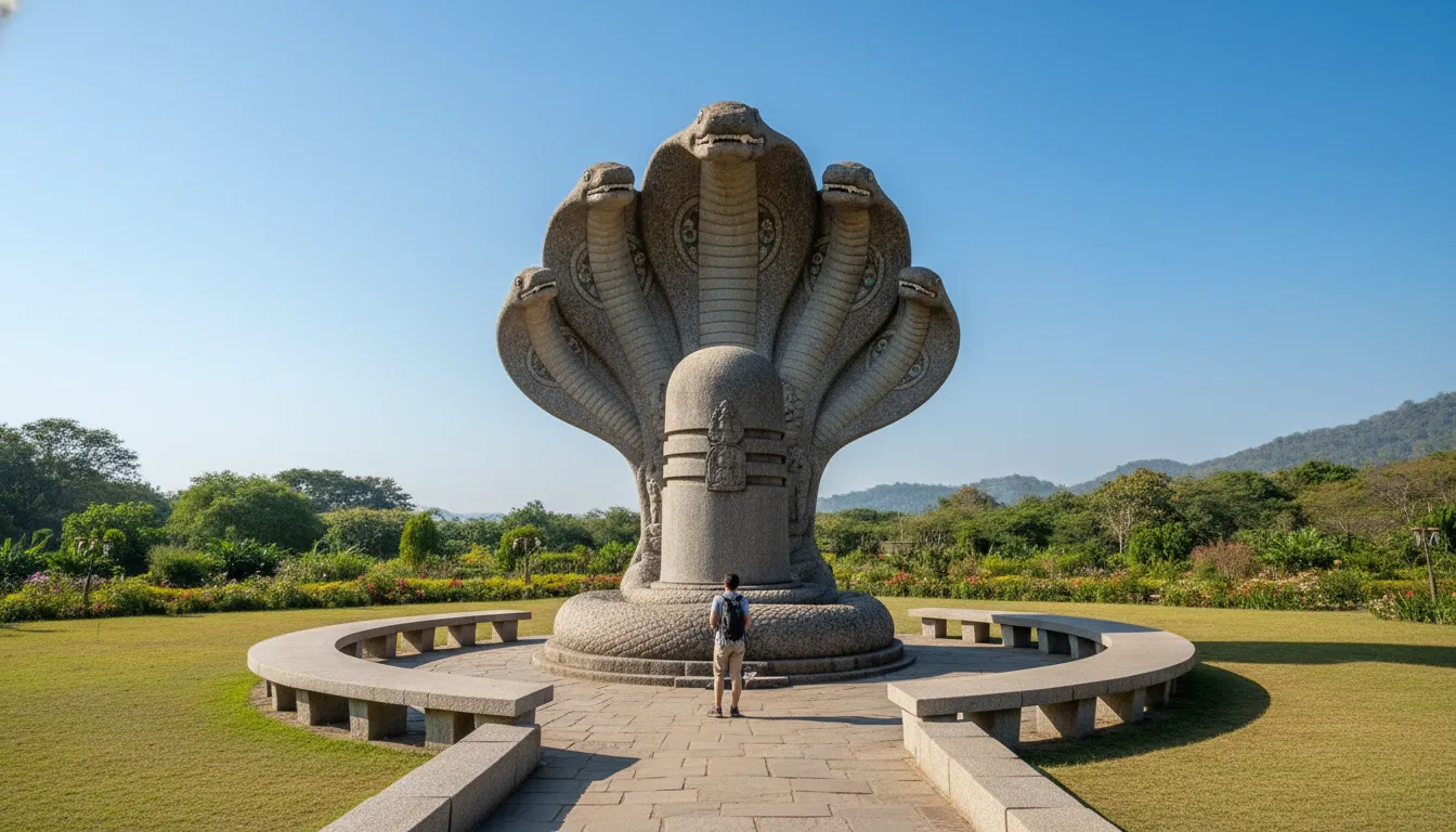 Tall lingam statue with a cobra hood structure and a person standing in front outdoors