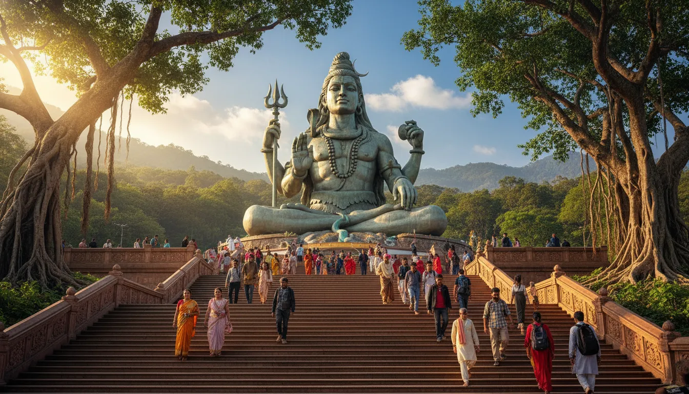 A large seated Shiva statue placed above a long stairway surrounded by trees and visitors.