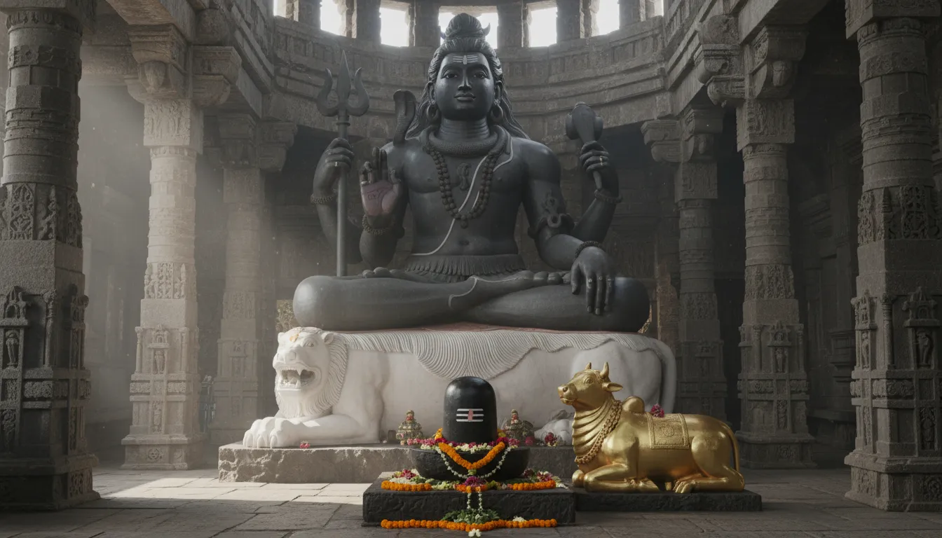 A large seated Shiva statue with a black Shiva lingam in front and sacred animal figures below.
