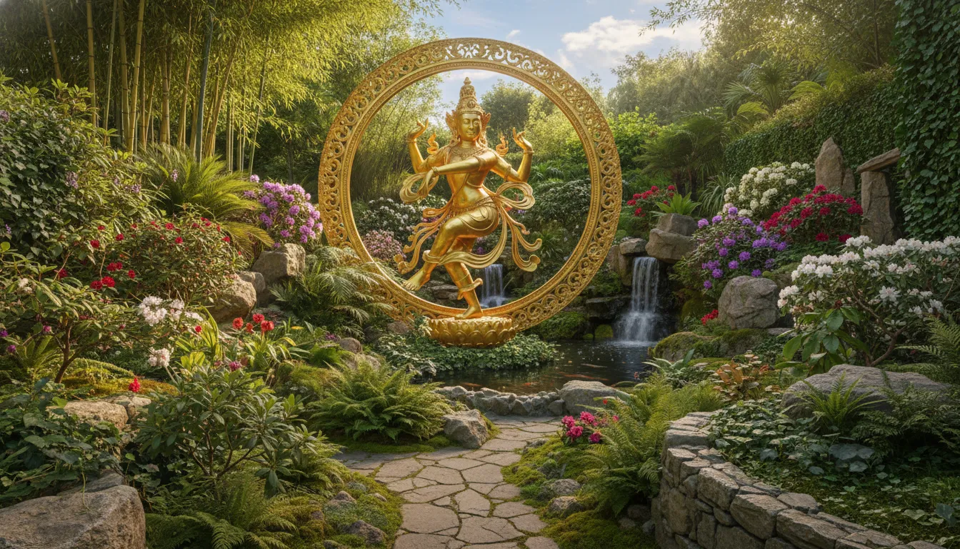 Majestic large-scale golden dancing deity statue installed in a peaceful green garden