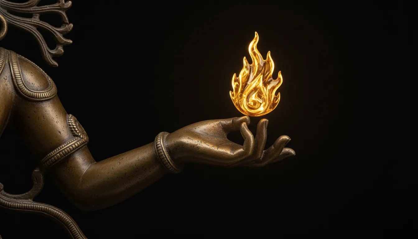 golden nataraja left hand holding flame of destruction detailed view