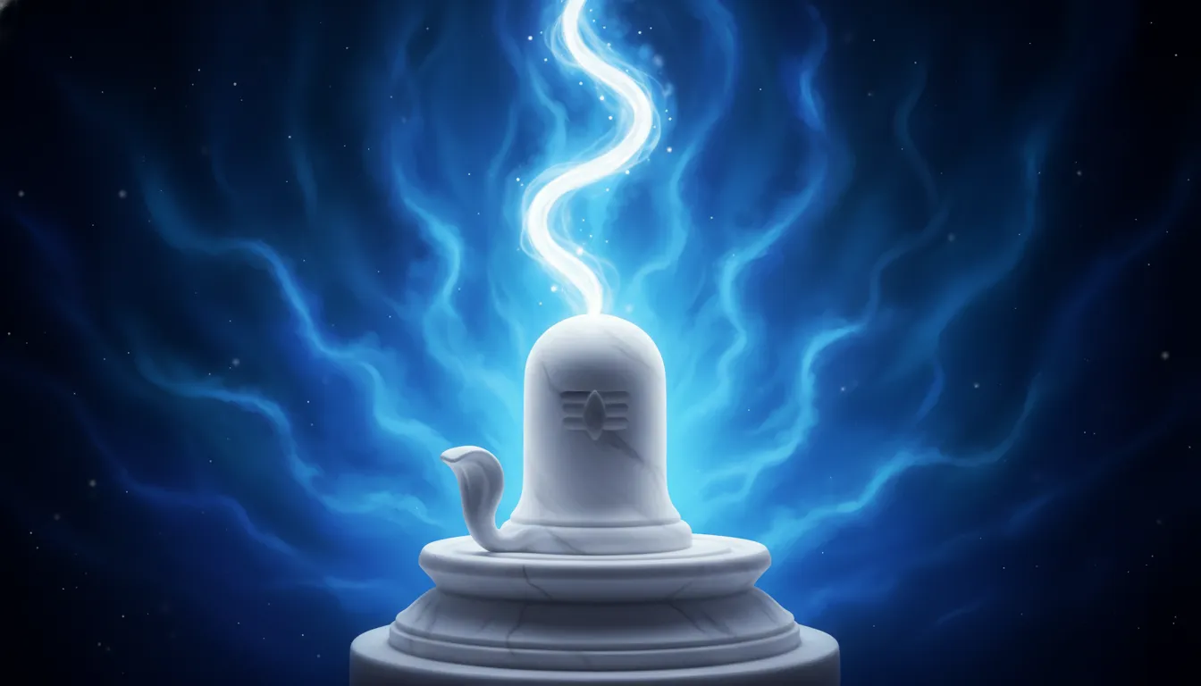 Shiva lingam in white marble with blue energy smoke rising from top