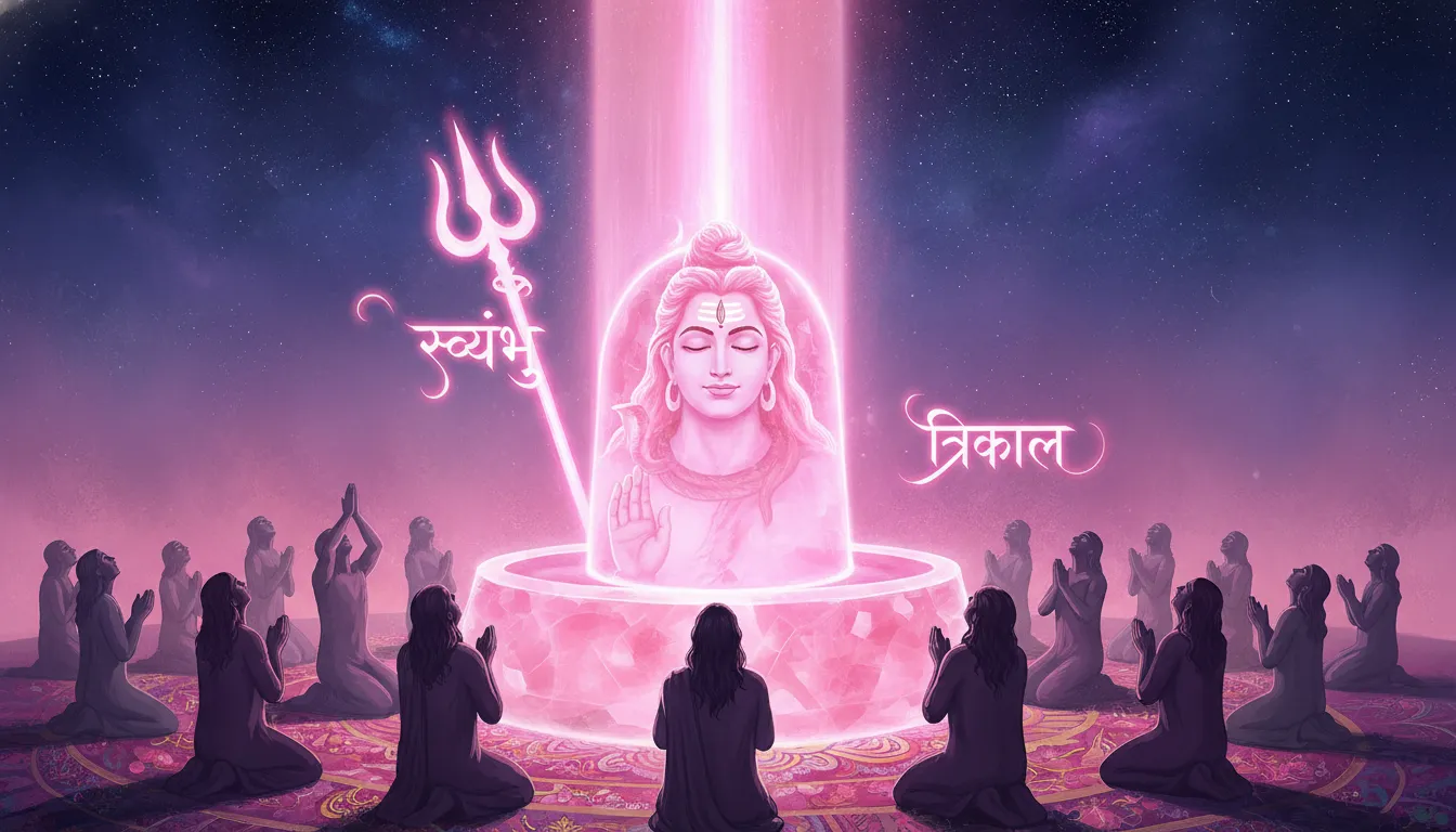 Pink Lord Shiva emerging from a fiery lingam, holding a trident made of pure light
